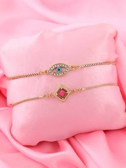 Estele - RAKHI COMBO of 2- Gold Plated Durga and Auspicious Evil Eye Rakhi Bracelets For Men & Women